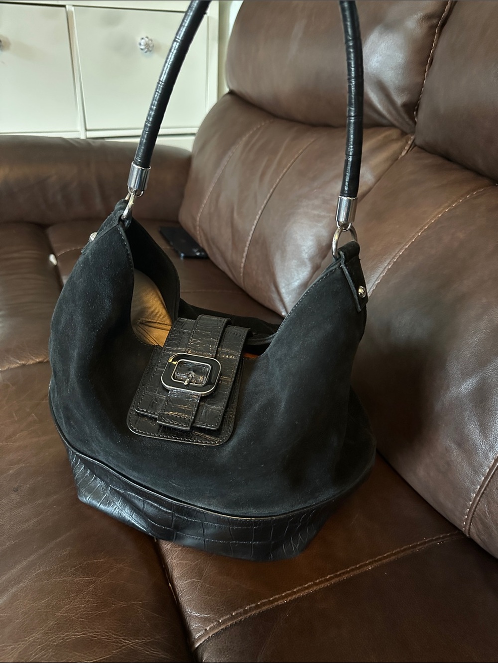 Talbots Black Suede and croc embossed  Leather Hobo with Buckle Accent